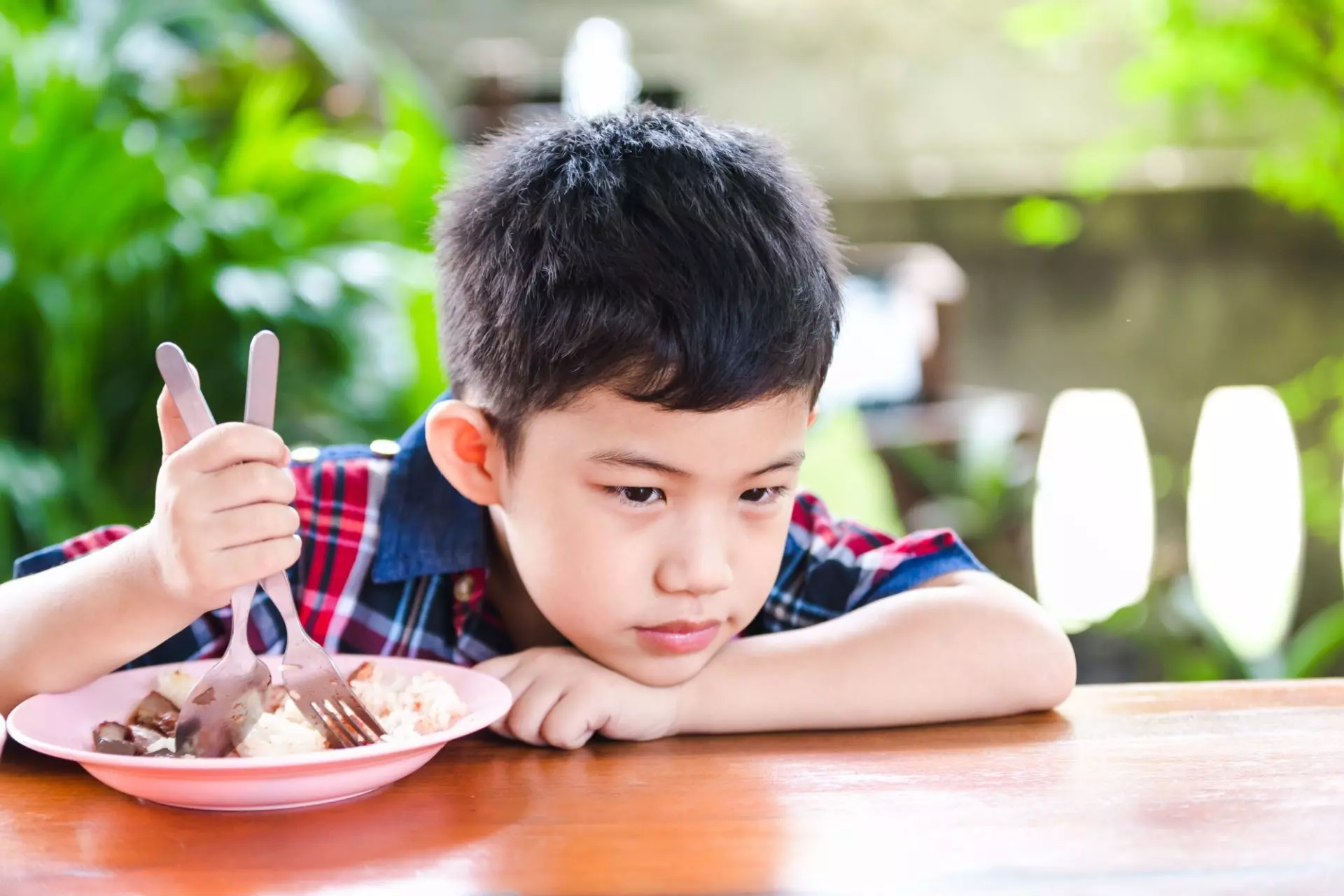 bambino con davanti un piatto di cibo